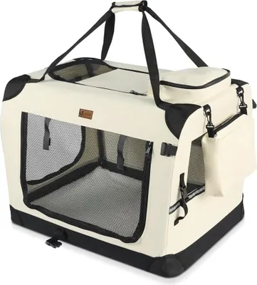 Produktbild von Faltbare Tragetasche für Hunde und Katzen - Transportbox atmungsaktiv und mit abnehmbarem Plüschmatratze - handtragbar und mit Schulterriemen - ideal für Haustiere - Größe M beige.
