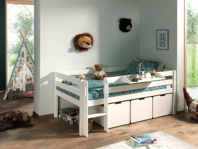 Produktbild von VIPACK Kojen-Spielbett mit Liegefläche 90 x 200 cm, inkl. Leiter, Regal, Rolllattenrost und 3 Schubkästen, Kiefer und MDF weiß lackiert