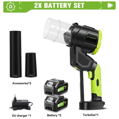 Immagine prodotto di Soffiatore elettrico/soffiatore per foglie - A batteria, modello turbo - 5.000 W - 38.000 giri/min - Motore brushless - 2 batterie, spina UE - Oro