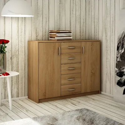 Produktbild von Kommode mit 5 Schubladen und 2 Türen in matter Ausführung, Kommode 110cm breit Holz Schrank Sideboard Highboard Kommode mit Schubladen sonoma