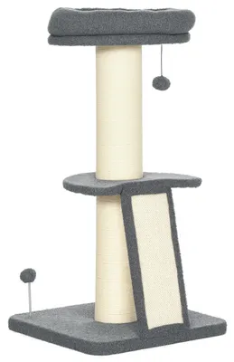 Zdjęcie produktu dla Drzewko do wspinania się dla kotów – drapak z deską do drapania – wysokość 92 cm – 3 poziomy – struktura drewniana – ciemnoszary