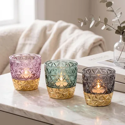 Produktbild von 3er Set Teelichthalter Glas Rosa Grün Grau Gold H9cm Kerzenglas Retro Tischdeko Deko Windlicht Kerzenhalter Kerze Kerzenständer