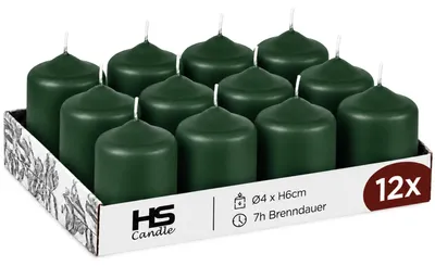 Imagen del producto de Velas tipo "stumpen" de 4 cm de diámetro por 6 cm de alto, color verde oscuro, paquete de 12 unidades