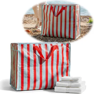 Produktbild von LS-LebenStil XXL Jumbo Bag Blau Rot Gestreift 55cm Kunststoff Aufbewahrungstasche Einkaufstasche