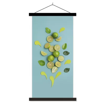 Produktbild von MuchoWow® Textilposter Limette - Blätter - Stilleben 90x180 cm mit schwarzem Rahmen - Dekoration Wohnzimmer