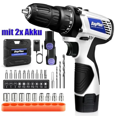 Immagine prodotto di Trapano avvitatore a batteria combinato - Avvitatore a batteria a 2 velocità - Luce a LED - 2 batterie agli ioni di litio - Valigetta per il trasporto - Bianco