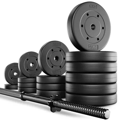 A set of weight plates and a barbell for weight training, displayed on a white background.