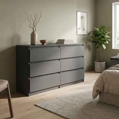 Produktbild von Masseno Kommode NUDO 138,5 cm Sideboard mit 6 Schubladen und  Türen für Wohnzimmer Schlafzimmer Modern 138,5x39x78,5 cm Anthrazit / Anthrazit