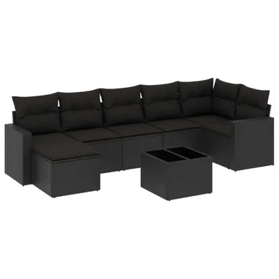 Produktbild von Modulares 8-teiliges Garten-Sofaset, Poly Rattan Schwarz, mit abnehmbaren Kissen, Couchtisch aus Hartglas, UV-beständig