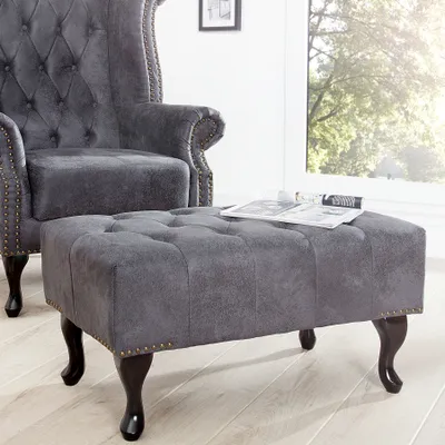 Obrázek produktu pro riess-ambiente Noble Chesterfield taburet na nohy antická šedá mikrovlákno s prošíváním knoflíků a nýtovaným lemem Čalouněný taburet Taburet