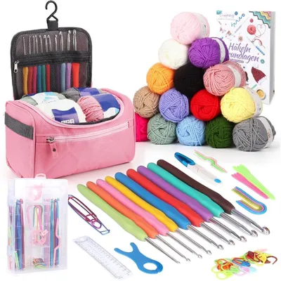 Productafbeelding van Haakset voor beginners, inclusief 15 bollen wol, ergonomische haaknaalden van metaal (2,0-10 mm), een tas, accessoires, kleur roze