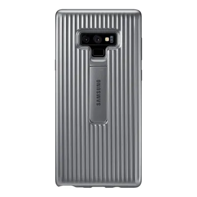 The back of a gray Samsung phone case with a kickstand.
