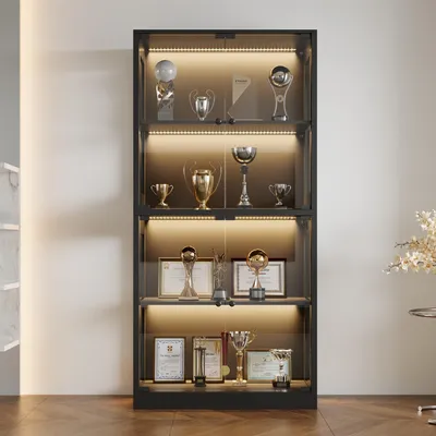 Produktbild von Glasvitrine 80x35x165cm Schwarz mit LED Beleuchtung, 4 Türen aus gehärtetem Glas, höhenverstellbare Böden, für Sammlungen & Wohnzimmer