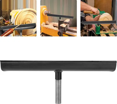 Collage of images showing a wood lathe tool rest in use and a close-up of the tool rest.