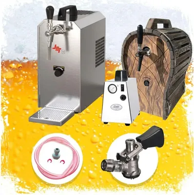 Produktbild von Komplett Set - Zapfanlage JET 30 Bierkoffer, Bierzapfanlage, Durchlaufkühler 1-leitig Trockenkühler, bis zu 35 Liter/h mit Holzfass, Zapfkopf: Flach