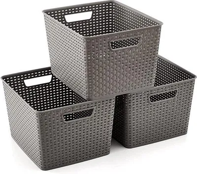 Zdjęcie produktu dla Zestaw 3 szarych plastikowych pojemników do przechowywania do kuchni i salonu