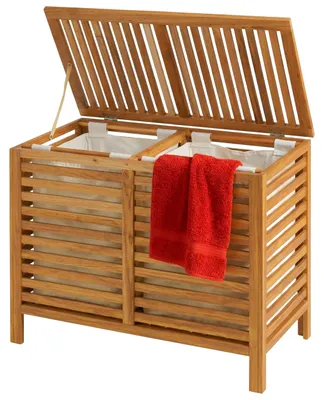 Produktbild von Relaxdays Wäschesammler 2 Fächer, Wäschetruhe 150 L, entnehmbare Wäschesäcke, HBT: 67,5x89x46,5 cm, Walnussholz, natur