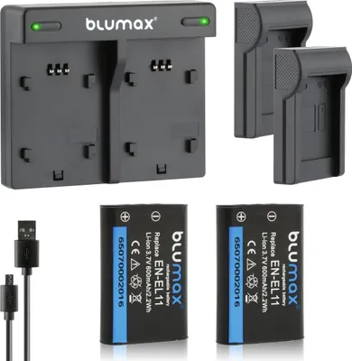 Produktbild von 2x Akku + Lader für Nikon EN-EL11 Coolpix P500, P510, P520, P5000 600 mAh
