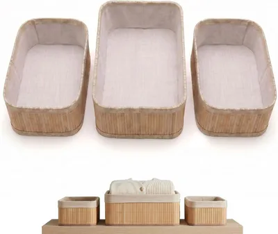 Image de Lot de 3 paniers de rangement, en bambou tressé, dimensions 32x22x12 cm et 21x15x10 cm, pour salle de bain