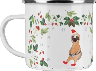 Produktbild von Mr. & Mrs. Panda Emailletasse Faultier Kakao - Weiß - Geschenk, Campingtasse, Teetasse, Emaille Tasse, Kaffeepott, becher, Weihnachten, Pott