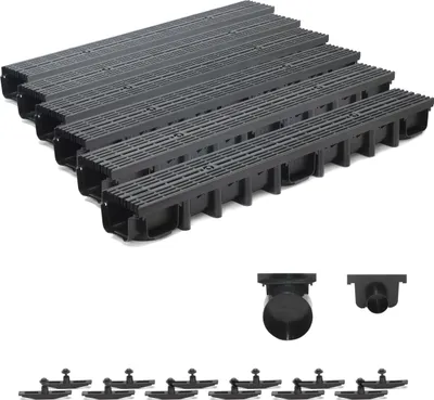 Produktbild von 6m Entwässerungsrinne für modulares System A15 98mm, komplett Stegrost Kunststoff, Schwarz Line