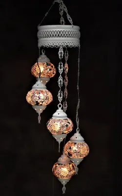 Immagine prodotto di Lampada a sospensione in vetro colorato con 5 sfere a mosaico in stile orientale, lampada da soffitto marocchina in bianco crema