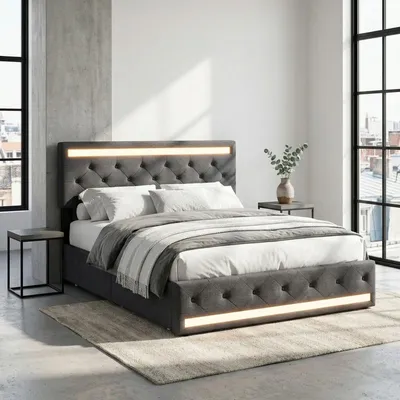 Image de Lit double ProximaX 140 x 200 cm, gris lin, lit rembourré avec LED RGB, 4 tiroirs, fonction de recharge USB