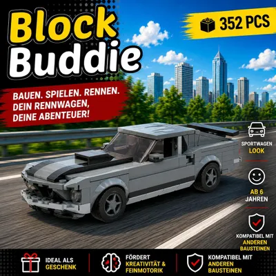 Produktbild von BlockBuddie™ Mustang 1969 inspirierter Sportwagen Muscle Car Bauset - 352 Teile - Rennwagen Klemmbaustein Set