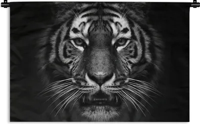 Produktbild von MuchoWow® Wandteppich Wandbehang Tiger - Tiere - Schwarz - Weiß - Porträt - Wild 150x100 cm Tapisserie Dekoration Wandtuch - Waschbar - Tapisserien - Wand-Decke