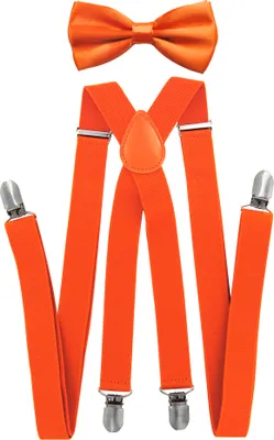 Immagine prodotto di axy set di bretelle e papillon da uomo largo 2,5 cm con 4 robusti fermagli a forma di X lunghezza regolabile- abbigliamento da matrimonio-business arancione