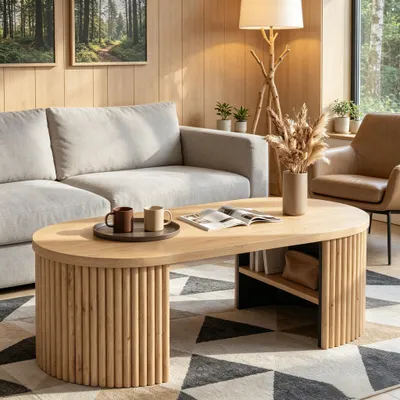 Image de Table basse ovale Merax avec plateau rainuré, table d'appoint avec 2 compartiments de rangement intérieurs en MDF, table minimaliste pour salon avec espace de rangement, finition naturelle