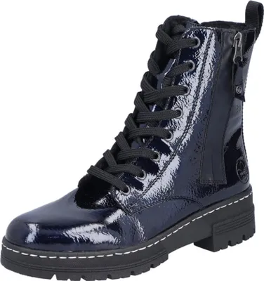 A single blue patent leather boot with black laces and a black sole is shown against a white background.