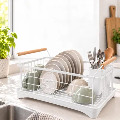 Image de Relaxdays, égouttoir à vaisselle, panier à couverts et bac d'égouttage, support à vaisselle pour cuisine, égouttoir en plastique et métal, blanc, Image générée par une IA