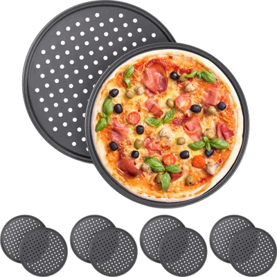 Zdjęcie produktu dla Relaxdays 10 x blacha do pizzy, okrągła, perforowana, nieprzywierająca, pizza & tarte flambée, stal węglowa, blacha do pieczenia pizzy, ∅ 32 cm, szara