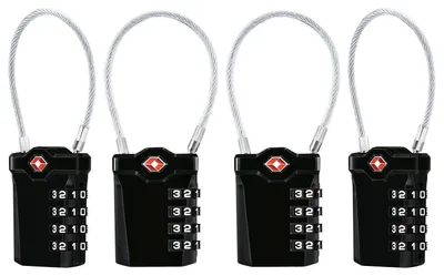 Immagine prodotto di Lucchetti per valigie TSA, confezione da 4 pezzi, colore nero, con combinazione a 4 cifre e cavo flessibile da 14 cm