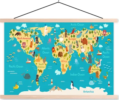 Produktbild von MuchoWow® Textilposter Weltkarte - Kinder - Tiere - Gelb - Blau - Jungen - Mädchen 60x40 cm mit holzfarbenen Rahmen - Bilder