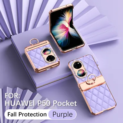 Obrázek produktu pro Kožené pouzdro na Huawei P50 Pocket s držákem na prsten, blyštivé ochranné pouzdro s ochranou pantu Fialová