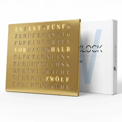 Produktbild von WordClock Jupiter Edelstahl gelasert in Gold - elegante Wortuhr in Deutsch - LED Wanduhr