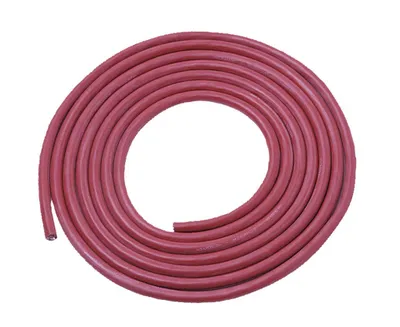A coiled red hose on a white background.