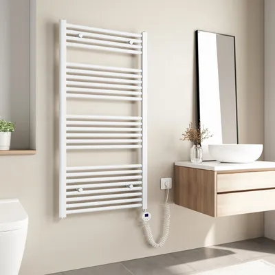 Image de Heilmetz Radiateur de salle de bain Électrique 120 x 60 cm Blanc Radiateur sèche-serviettes électrique avec thermostat Timing Barre chauffante Sèche-serviettes Tube rond Sans barre chauffante
