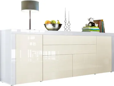 Produktbild von Vladon Sideboard La Paz V2,  Germany, Kommode mit 2 Türen, 2 Schubkästen und 2 Klappen, Weiß Hochglanz/Creme Hochglanz/Weiß Hochglanz (200 x 72 x 35 cm)