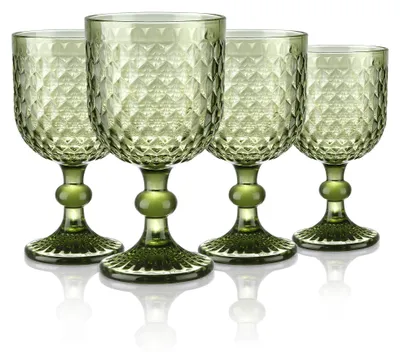 Image de Lot de 4 verres à vin vintage verts, avec un motif en relief
