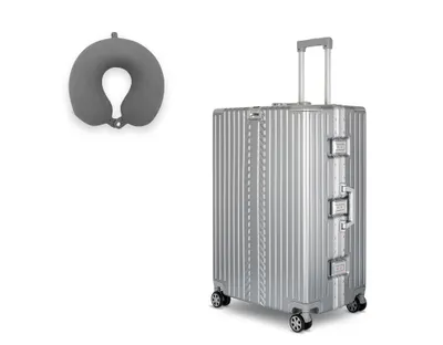 Produktbild von WINLIFE® 75cm XL Hartschalenkoffer mit Anthrazit Nackenkissen – Reisekoffer, Alu-Rahmen, ABS, TSA-Schloss, großer Trolley, leicht & robust, Silber