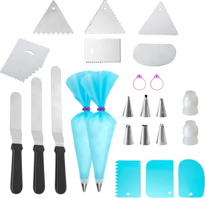 Produktbild von Intirilife Back-Dekorier-Set: 9-teilige Edelstahl Küchenschaber Spatel & 15-teiliges Silikon Spritzbeutel Set - Für Kuchen, Torten, Cupcakes zum backen, dekorieren, verzieren
