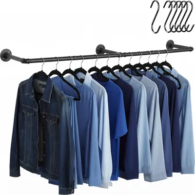Produktbild von Relaxdays Kleiderstange Wandmontage, 183 cm, Industrial Design, 6 S-Haken, Schlafzimmer, Flur, Garderobenstange, schwarz