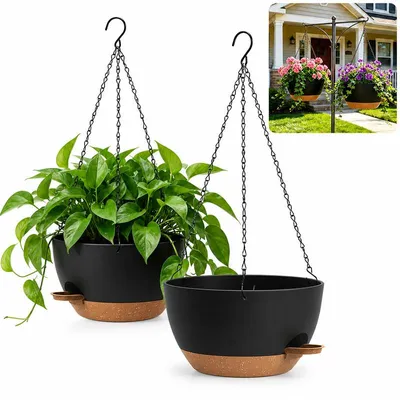 Produktbild von 2er Set Selbstbewässernde Blumenampel, 25,4 cm Hängetopf Innen/Außen mit Wasserreservoir & Drainage, Schwarz/Braun