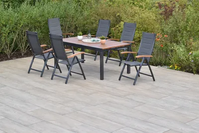 Produktbild von Merxx Gartenmöbelset Paxos 7tlg., 6 Klappsessel, Ausziehtisch 180 (250) x 100 cm- Aluminium/Akazie/Textil