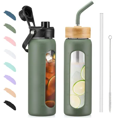 Produktbild von Glas Trinkflasche 700ml mit 2 Deckeln und Strohhalm