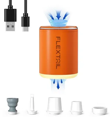 Produktbild von Elektrische Luftpumpe, 4,5 kPa, 180 l/min, mit 5 Luftschläuchen, 3-in-1 Mini-Luftpumpe mit Campinglampe. Zum Aufpumpen/Entleeren von Isomatten, Luftmatratzen und Schwimmbadzubehör