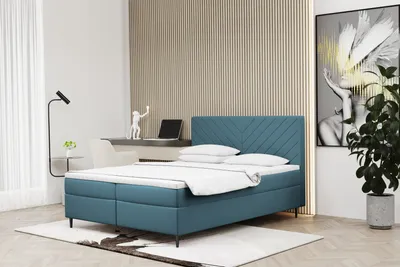 Image de Lit boxspring 180x200 avec coffre de rangement et matelas + surmatelas, lit de chambre RUGIA gris-bleu